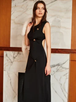 COMMENSE Metal-Detail Backless Pleated Tank Dress* Black Dresses|Casual Dresses