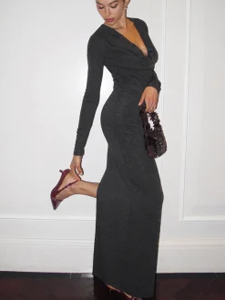 COMMENSE Metal-Detail Cowl Neck Slim Jersey Dress* Casual Dresses|Work Dresses
