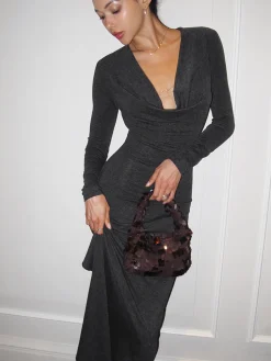 COMMENSE Metal-Detail Cowl Neck Slim Jersey Dress* Casual Dresses|Work Dresses