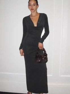 COMMENSE Metal-Detail Cowl Neck Slim Jersey Dress* Casual Dresses|Work Dresses