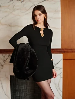 COMMENSE Metal-Floral Ribbed Short Dress* Black Dresses|Casual Dresses
