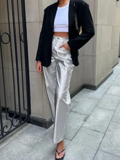 COMMENSE Metallic Leather Straight Leg Pants* Pants|Bottoms