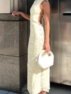 COMMENSE Metallic O-Ring Cutout Long Dress* White Dresses|Vacation Dresses