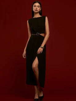 COMMENSE Metal-Ring Cutout Pleated Dress* Black Dresses|Casual Dresses
