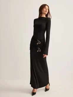 COMMENSE Metal-Ring Pleated Jersey Dress* Black Dresses|Cocktail & Party Dresses