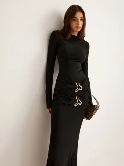 COMMENSE Metal-Ring Pleated Jersey Dress* Black Dresses|Cocktail & Party Dresses