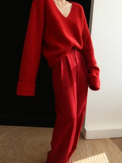 COMMENSE Middle Waist Pleated Tape Pants* Long Sleeve Sets|Pants