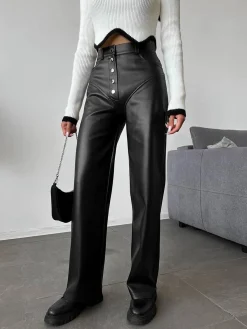 COMMENSE Mid-Waist Button PU Leather Pants* Pants|Bottoms