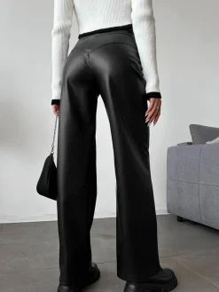 COMMENSE Mid-Waist Button PU Leather Pants* Pants|Bottoms
