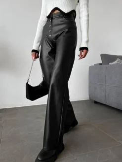 COMMENSE Mid-Waist Button PU Leather Pants* Pants|Bottoms