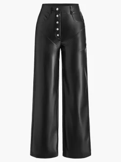 COMMENSE Mid-Waist Button PU Leather Pants* Pants|Bottoms