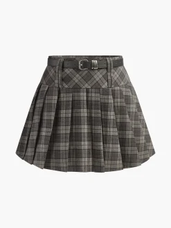 COMMENSE Mid-Waist Checked Pleated Skirt With Belt* Skirts|Bottoms