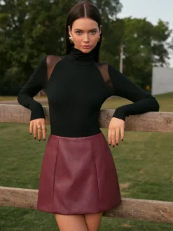 COMMENSE Mid-Waist Faux Leather Back-Zipper Mini Skirt* Matching Sets|Bottoms