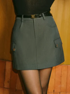 COMMENSE Mid-Waist Pockets A-Line Skirt With Belt* Bottoms