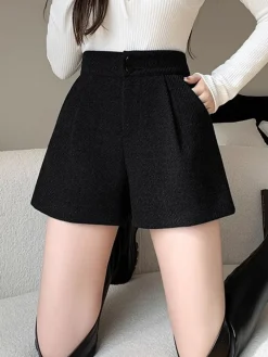 COMMENSE Mid-Waist Tweed Pockets Wide-Leg Shorts* Bottoms