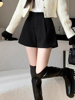 COMMENSE Mid-Waist Tweed Pockets Wide-Leg Shorts* Bottoms