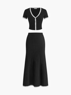 COMMENSE Minimalism Contrast Trim Sweater Skirt Set* Sweater Tops|Skirts