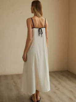 COMMENSE Minimalism Contrast Trim Long Dress* White Dresses|Casual Dresses
