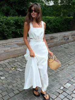 COMMENSE Minimalism Knotted Cami Long Dress* White Dresses|Casual Dresses