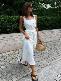COMMENSE Minimalism Knotted Cami Long Dress* White Dresses|Casual Dresses