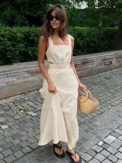 COMMENSE Minimalism Knotted Cami Long Dress* White Dresses|Casual Dresses