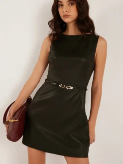 COMMENSE Minimalist Belted Faux Leather Tank Dress* Black Dresses|Casual Dresses