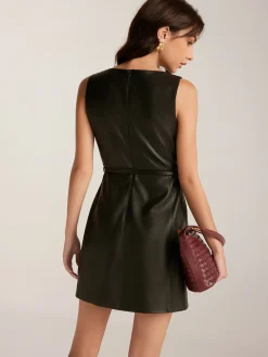 COMMENSE Minimalist Belted Faux Leather Tank Dress* Black Dresses|Casual Dresses