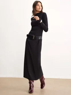 COMMENSE Minimalist Belted Jersey Dress* Black Dresses|Work Dresses