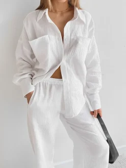 COMMENSE Minimalist Cotton Two Piece Pants Set* Pants Sets|Long Sleeve Sets