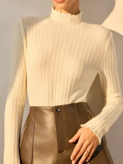 COMMENSE Minimalist Lettuce Trim Mock Neck Knit Top* Sweater Tops|Sweaters & Cardigans