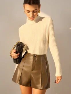 COMMENSE Minimalist Lettuce Trim Mock Neck Knit Top* Sweater Tops|Sweaters & Cardigans