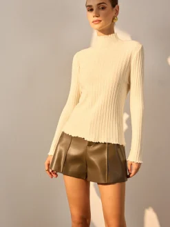 COMMENSE Minimalist Lettuce Trim Mock Neck Knit Top* Sweater Tops|Sweaters & Cardigans
