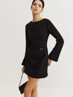 COMMENSE Minimalist Long Sleeve Belted Dress* Black Dresses|Casual Dresses