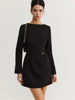 COMMENSE Minimalist Long Sleeve Belted Dress* Black Dresses|Casual Dresses