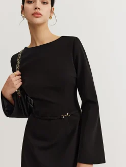 COMMENSE Minimalist Long Sleeve Belted Dress* Black Dresses|Casual Dresses