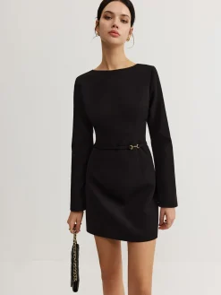COMMENSE Minimalist Long Sleeve Belted Dress* Black Dresses|Casual Dresses