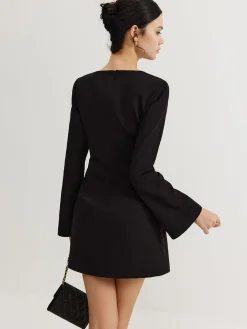 COMMENSE Minimalist Long Sleeve Belted Dress* Black Dresses|Casual Dresses