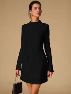 COMMENSE Minimalist Plain Mock Neck Dress* White Dresses|Black Dresses