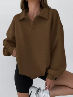 COMMENSE Minimalist Plain Polo Sweatshirt* Sweatshirts & Hoodies|Tops