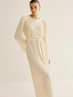 COMMENSE Minimalist Plisse Ruffle Belted Dress* White Dresses|Casual Dresses