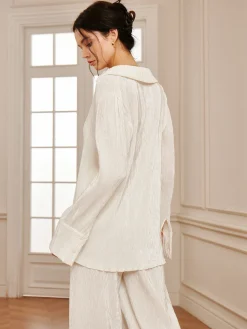 COMMENSE Minimalist Plisse Soft Polo Shirt* Long Sleeve Sets|Blouses & Shirts