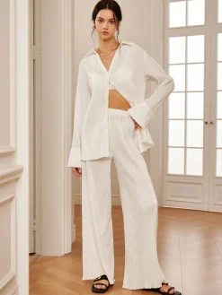 COMMENSE Minimalist Plisse Wide Leg Pants* Long Sleeve Sets|Wide Leg
