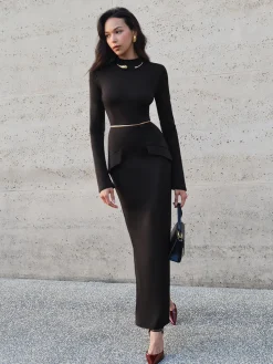 COMMENSE Minimalist Slim Long Dress Without Belt* Black Dresses|Casual Dresses