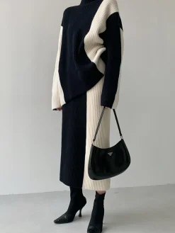 COMMENSE Miss Paris Stripe Two Piece Knit Skirt Set* Skirt Sets|Long Sleeve Sets