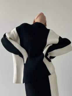 COMMENSE Miss Paris Stripe Two Piece Knit Skirt Set* Skirt Sets|Long Sleeve Sets