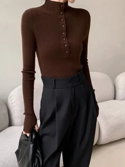 COMMENSE Mock Neck Breasted Slim Sweater* Sweater Tops|Sweaters & Cardigans