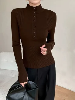 COMMENSE Mock Neck Breasted Slim Sweater* Sweater Tops|Sweaters & Cardigans