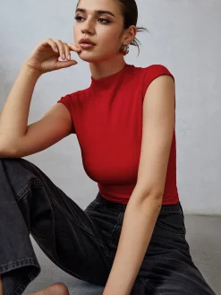 COMMENSE Mock Neck Cap Sleeve T-Shirt* T-shirts|Tops