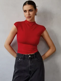 COMMENSE Mock Neck Cap Sleeve T-Shirt* T-shirts|Tops