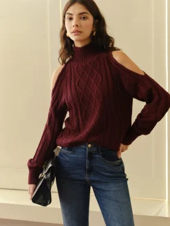 COMMENSE Mock Neck Cold-Shoulder Knit Top* Sweater Tops|Sweaters & Cardigans
